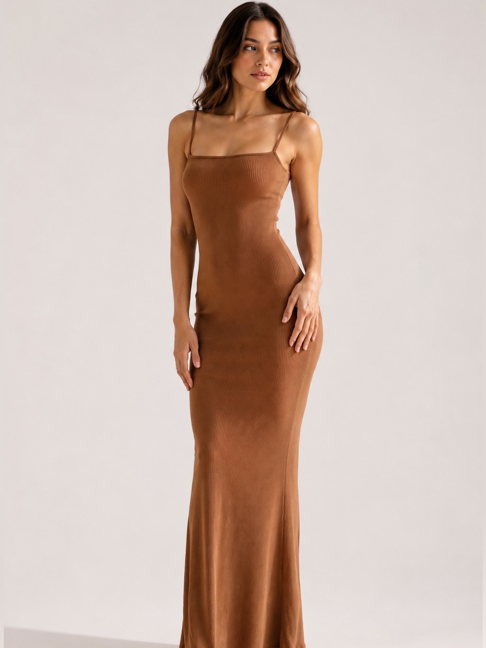 PUMIEY Slip Maxi Dress Caramel Medium Ribbed Bodycon in Medium